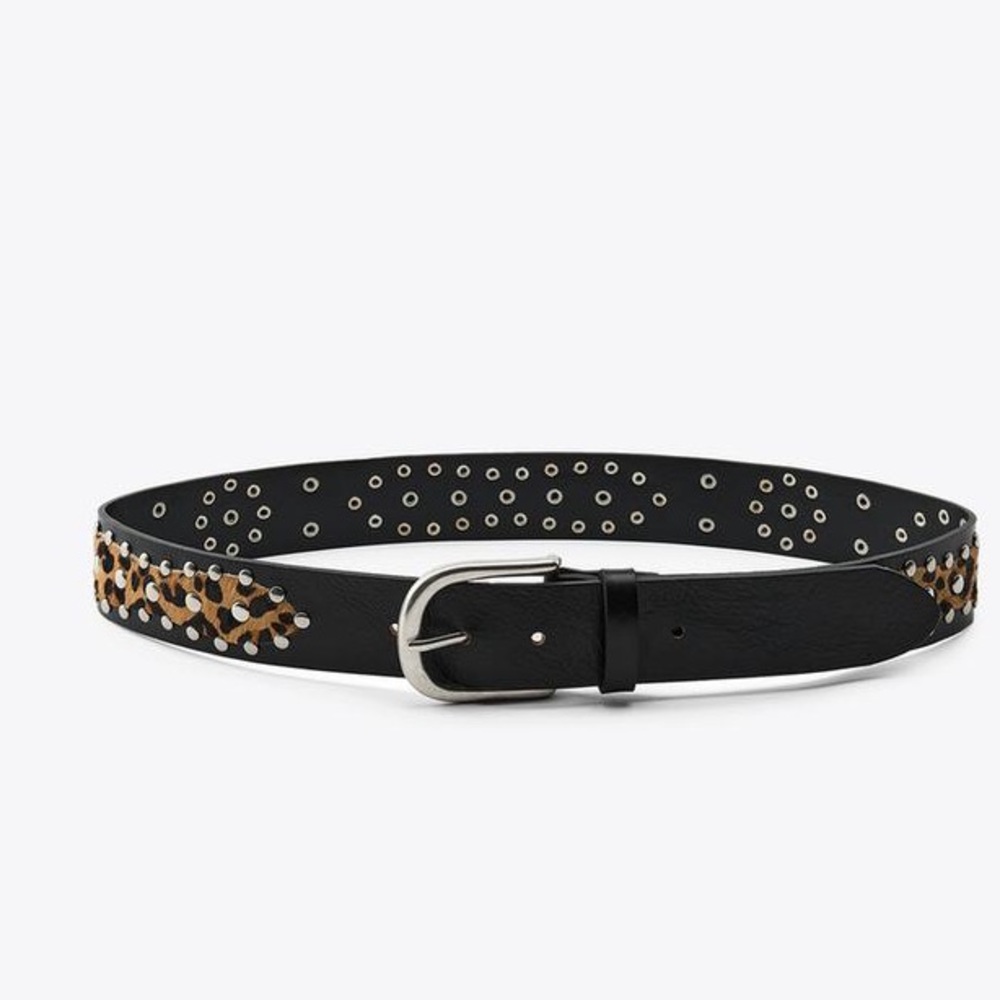 NWT. Zara Black Leather Animal Print Studded Belt. Size 32.
